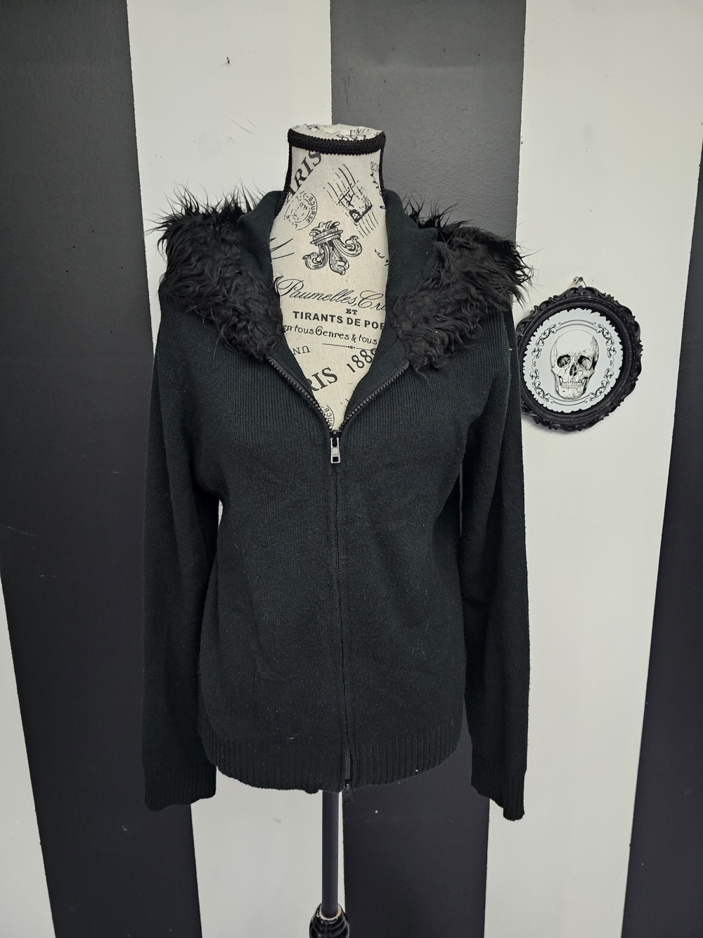 Women’s Black Faux-Fur Hooded Zip Cardigan Sweater